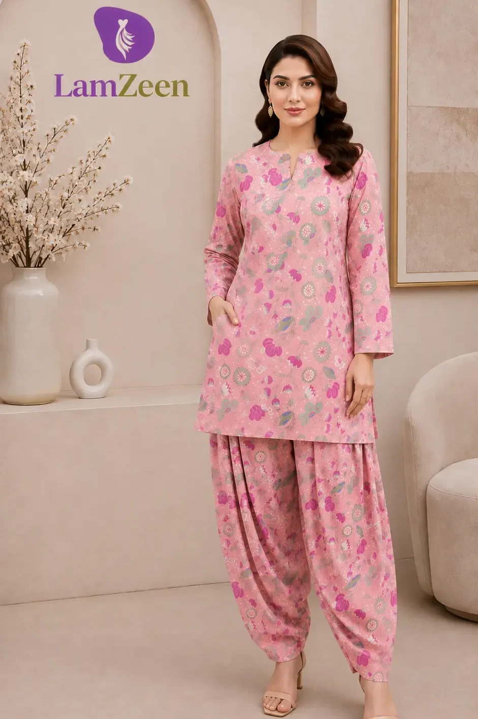 Baby Pink Floral Pure Lawn 2 Piece Unstitched Suit 5 Meter | LamZeen