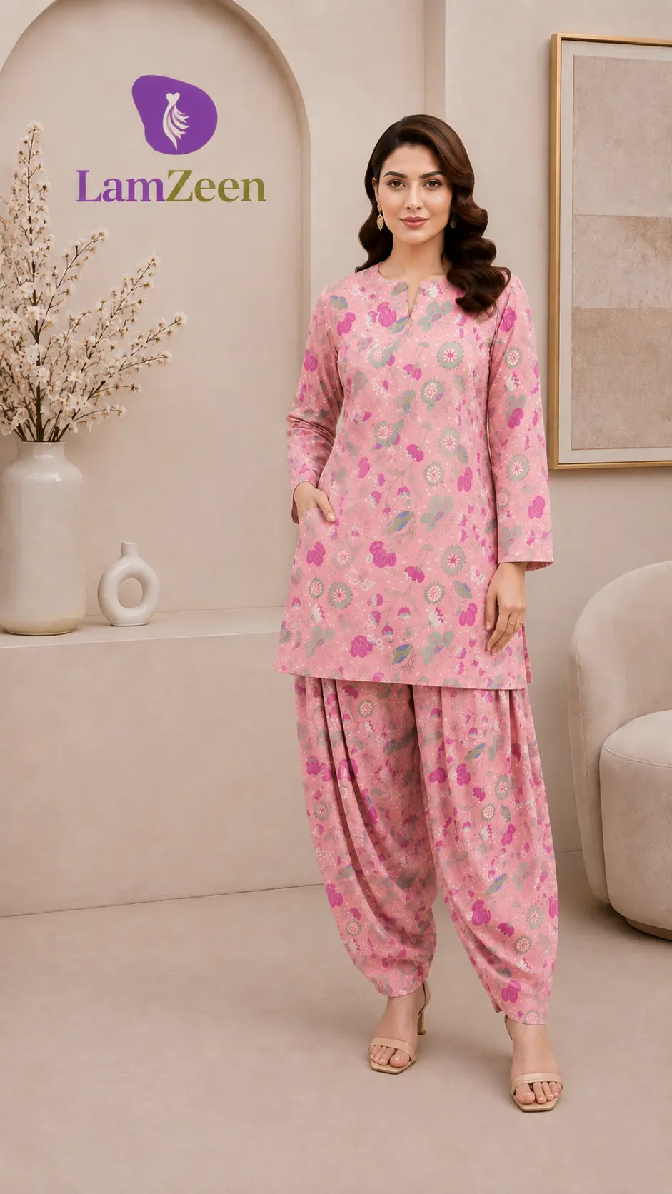 Baby Pink Floral Pure Lawn 2 Piece Unstitched Suit 5 Meter | LamZeen