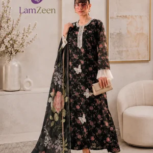 Black Floral Butterfly Embroidered Lawn 3 Piece Suit | LamZeen