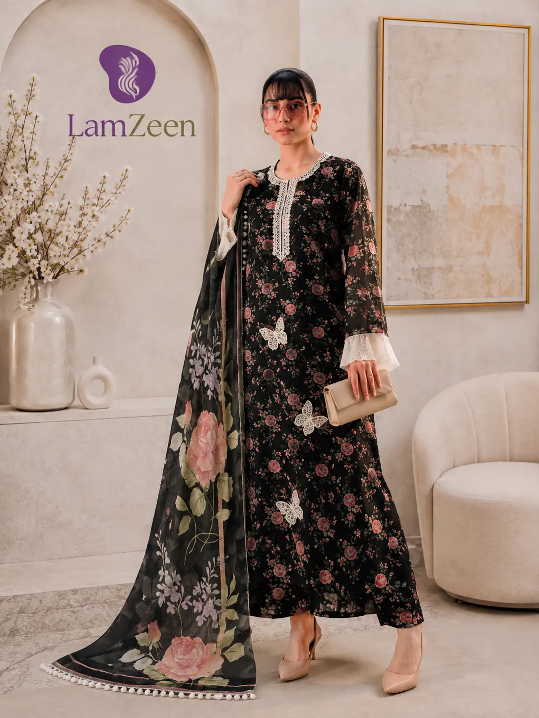 Black Floral Butterfly Embroidered Lawn 3 Piece Suit | LamZeen