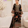 Black floral embroidered linen unstitched 3-piece suit with printed dupatta for women