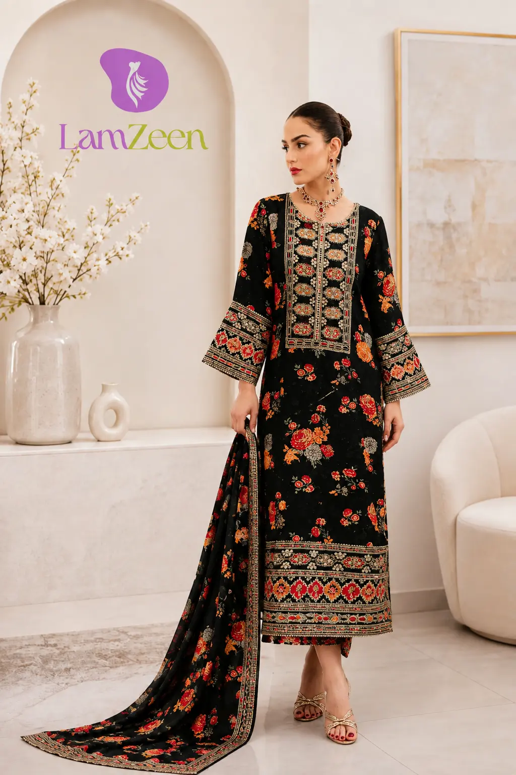 Black floral embroidered linen unstitched 3-piece suit with printed dupatta for women