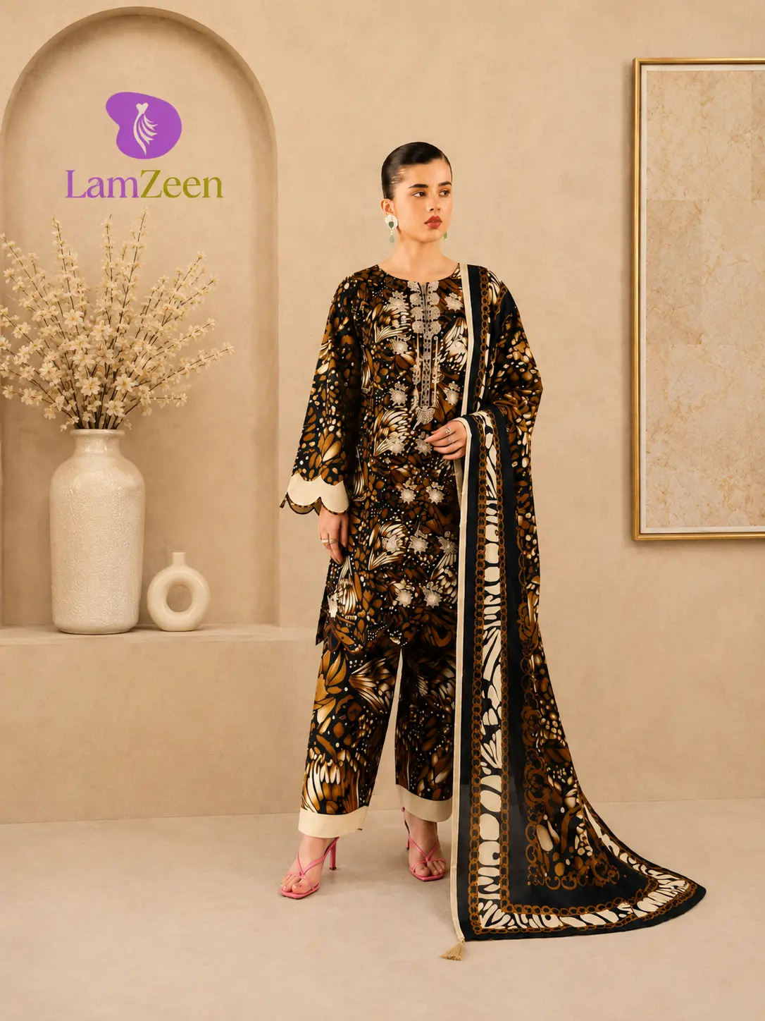 Black Gold Embroidered Linen 3 Piece Suit with Dupatta by LamZeen