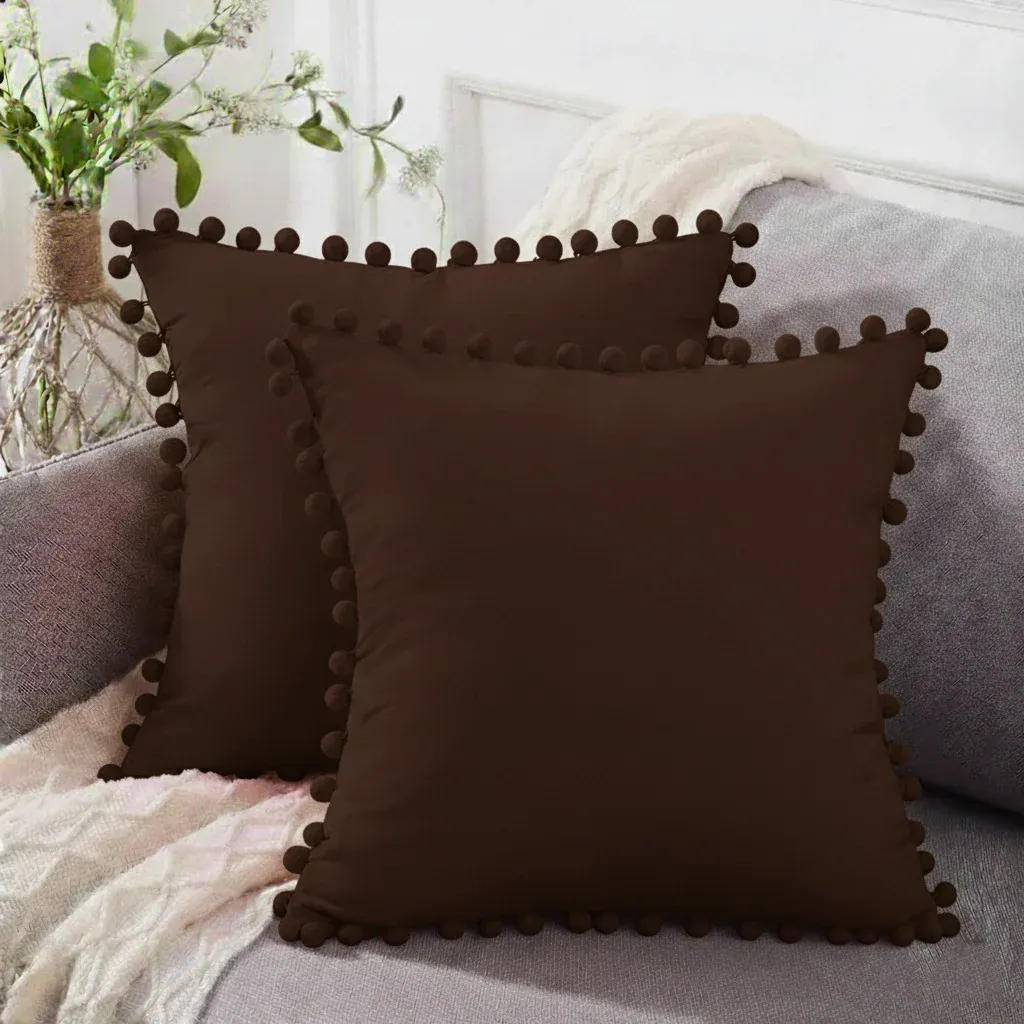 Brown Pack of 2 Pom Pom Lace Cushions 18×18 Inches lamzeen Pack of 2 pom pom lace cotton cushion covers 18x18 inches with optional filling