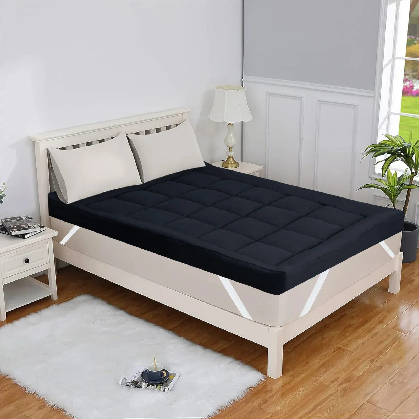 Black 800 GSM extra thick cozy mattress topper with microfiber shell by LamZeen