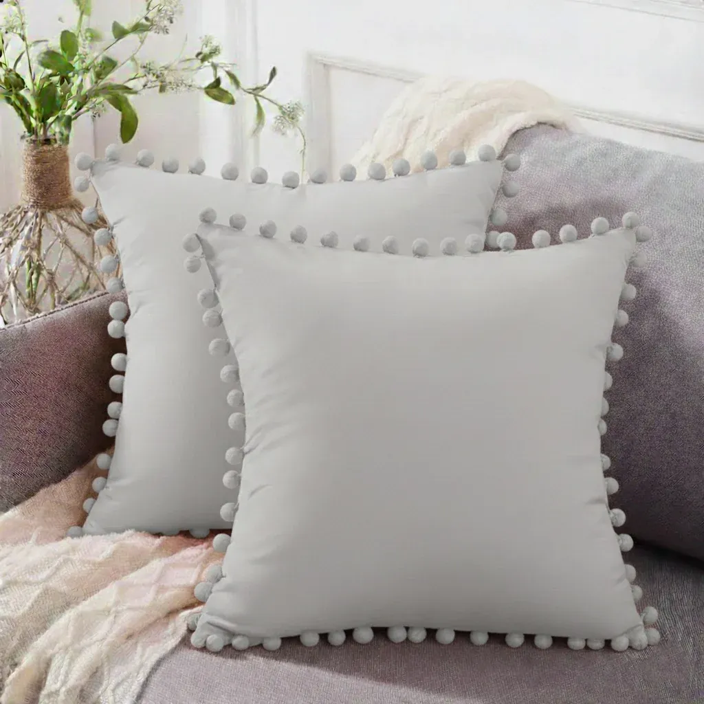 Gray Pack of 2 Pom Pom Lace Cushions 18×18 Inches lamzeen Pack of 2 pom pom lace cotton cushion covers 18x18 inches with optional filling