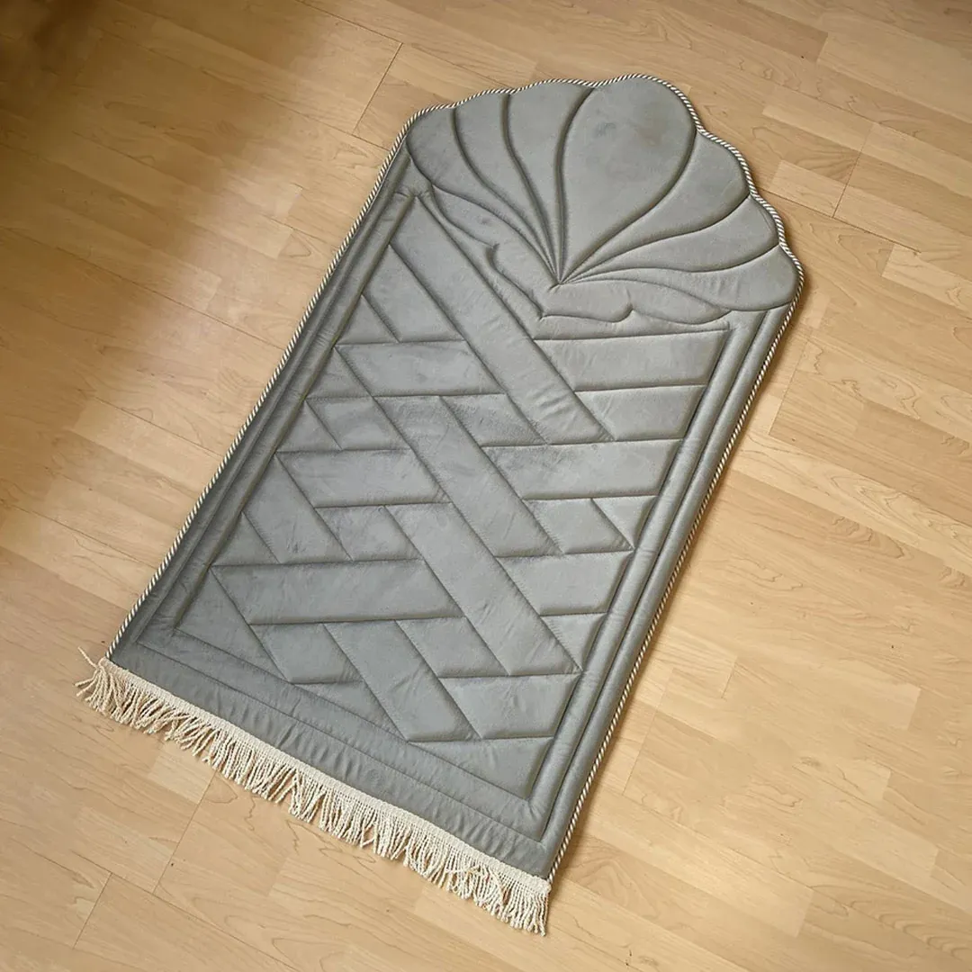 Gray velvet prayer mat with diamond work and foam padding 28x48 inches