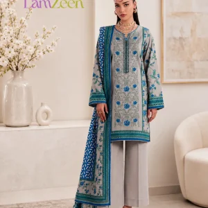 Grey and cobalt blue floral printed embroidered linen unstitched 3-piece suit with geometric floral dupatta