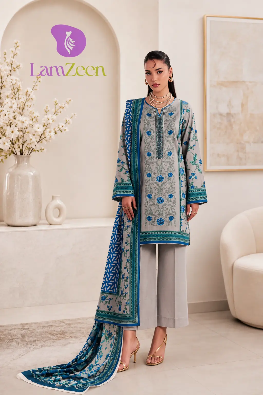 Grey and cobalt blue floral printed embroidered linen unstitched 3-piece suit with geometric floral dupatta