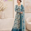 Ivory and cobalt blue floral printed linen unstitched 3-piece suit with matching printed dupatta for women
