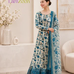 Ivory and cobalt blue floral printed linen unstitched 3-piece suit with matching printed dupatta for women