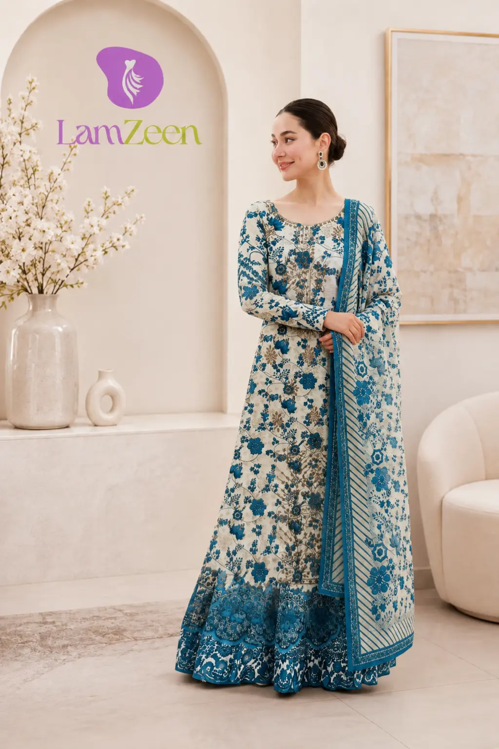 Ivory and cobalt blue floral printed linen unstitched 3-piece suit with matching printed dupatta for women