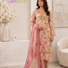 Beige Pink Floral Embroidered Lawn 3 Piece Suit with Chiffon Dupatta | LamZeen