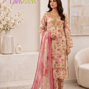 Beige Pink Floral Embroidered Lawn 3 Piece Suit with Chiffon Dupatta | LamZeen