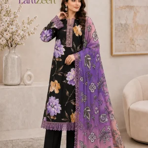 Black Purple Floral Lawn 3 Piece Unstitched Suit with Ombre Lawn Dupatta | LamZeen