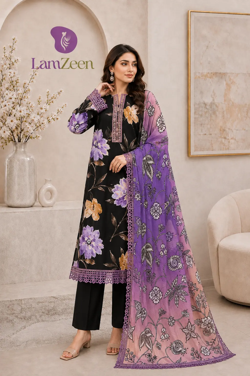Black Purple Floral Lawn 3 Piece Unstitched Suit with Ombre Lawn Dupatta | LamZeen