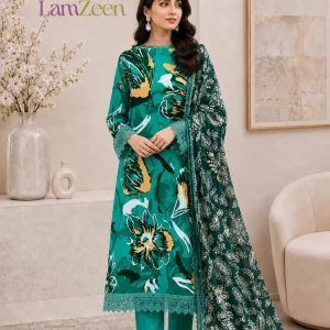 Emerald Green Tropical Floral Lawn 3 Piece Unstitched Suit with Printed Lawn Dupatta | LamZeen