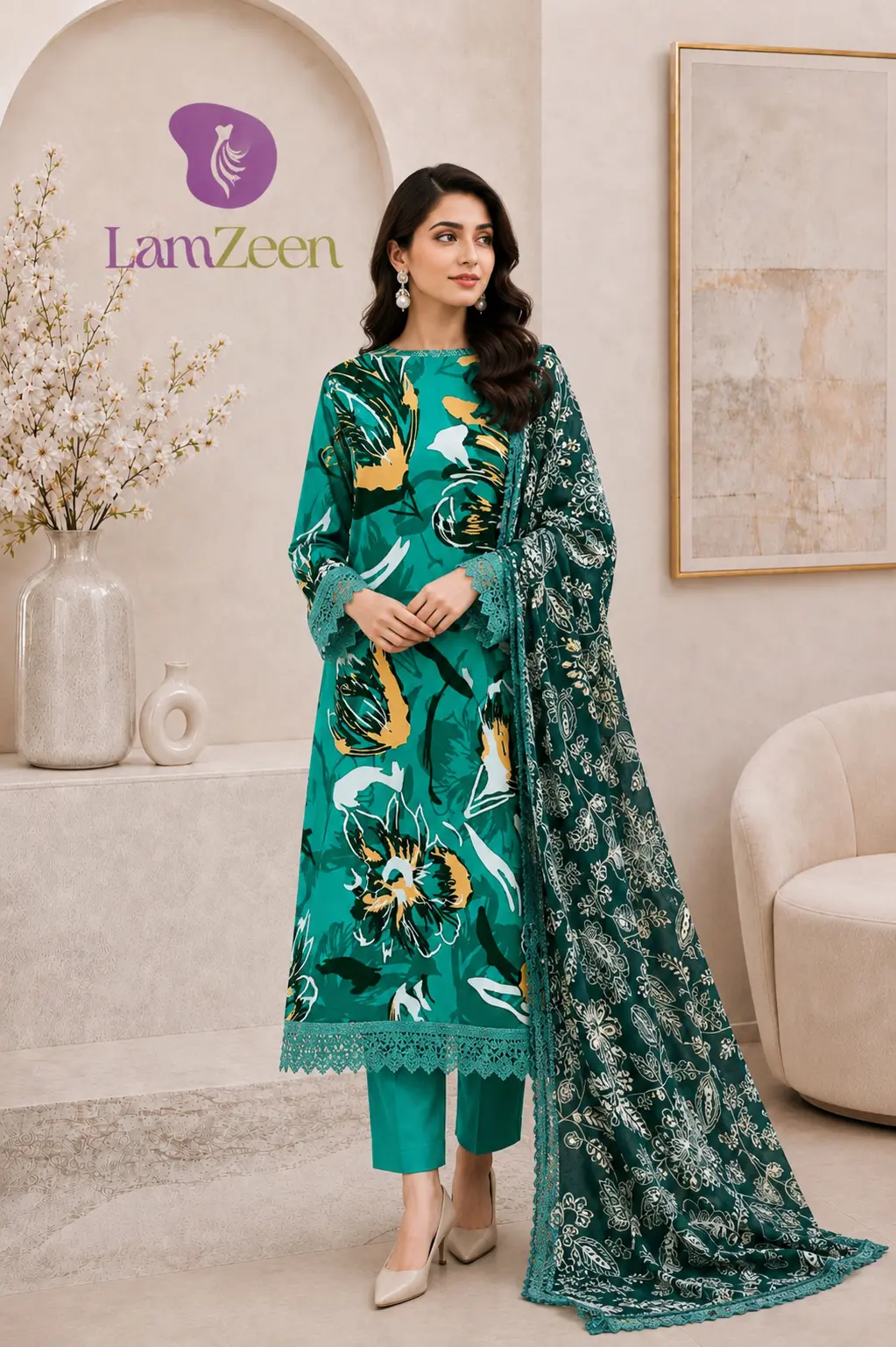 Emerald Green Tropical Floral Lawn 3 Piece Unstitched Suit with Printed Lawn Dupatta | LamZeen