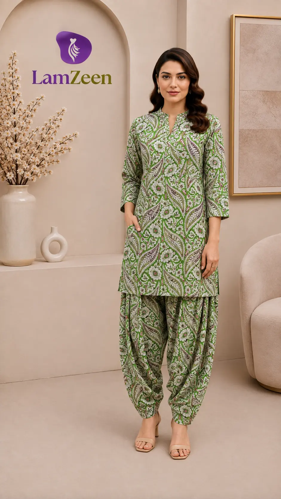 LamZeen Green Leaf Print Pure Lawn 2 Piece Suit 5 Meter