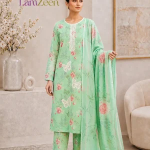 Mint Green Floral butterfly Embroidered Lawn 3 Piece Suit | LamZeen