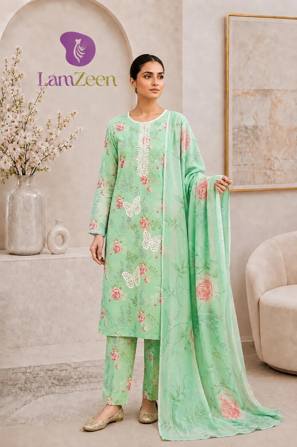 Mint Green Floral butterfly Embroidered Lawn 3 Piece Suit | LamZeen