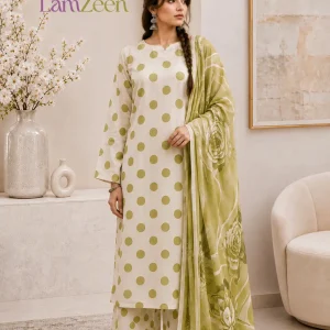White Olive Polka Dot Lawn 3 Piece Suit | LamZeen