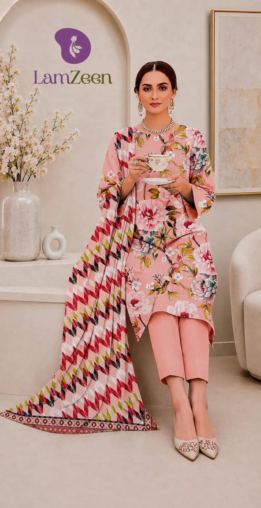 Peach Pink Floral Lawn 3 Piece Unstitched Suit with Geometric Lawn Dupatta | LamZeen