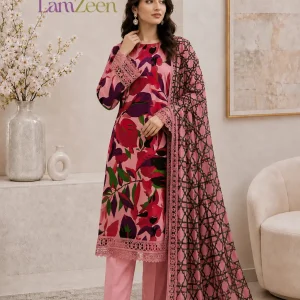 Pink Magenta Floral Lawn 3 Piece Unstitched Suit with Printed Lawn Dupatta | LamZeen