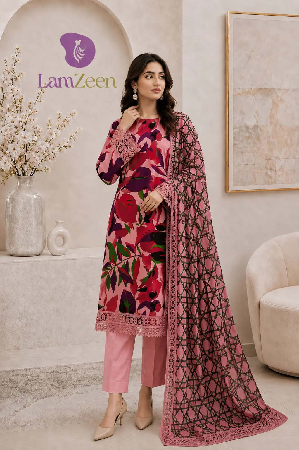 Pink Magenta Floral Lawn 3 Piece Unstitched Suit with Printed Lawn Dupatta | LamZeen