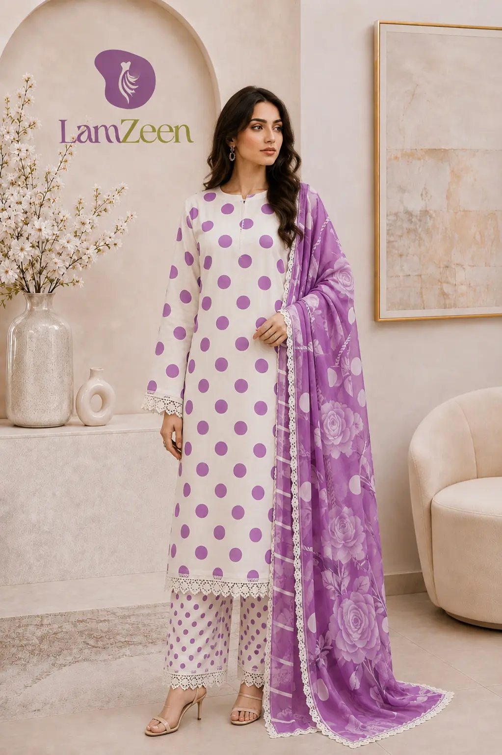 White Navy Polka Dot Lawn 3 Piece Suit | LamZeen