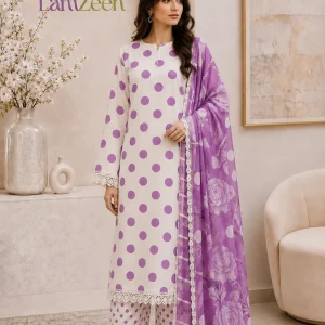 White Purple Polka Dot Digital Printed Lawn 3 Piece Unstitched Suit with Floral Digital Printed Voil Dupatta