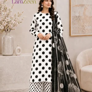 White Black Polka Dot Lawn 3 Piece Suit