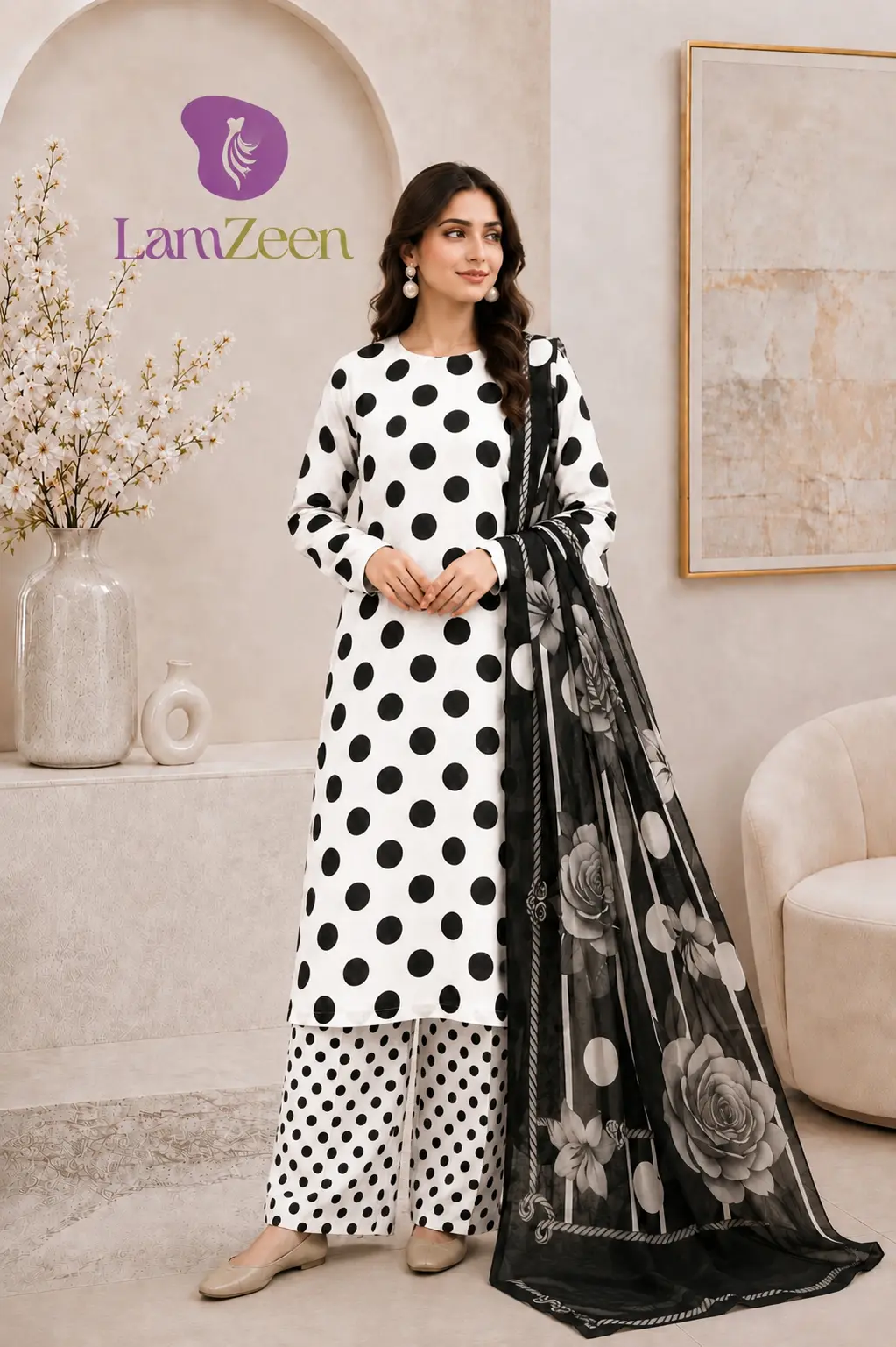 White Black Polka Dot Lawn 3 Piece Suit