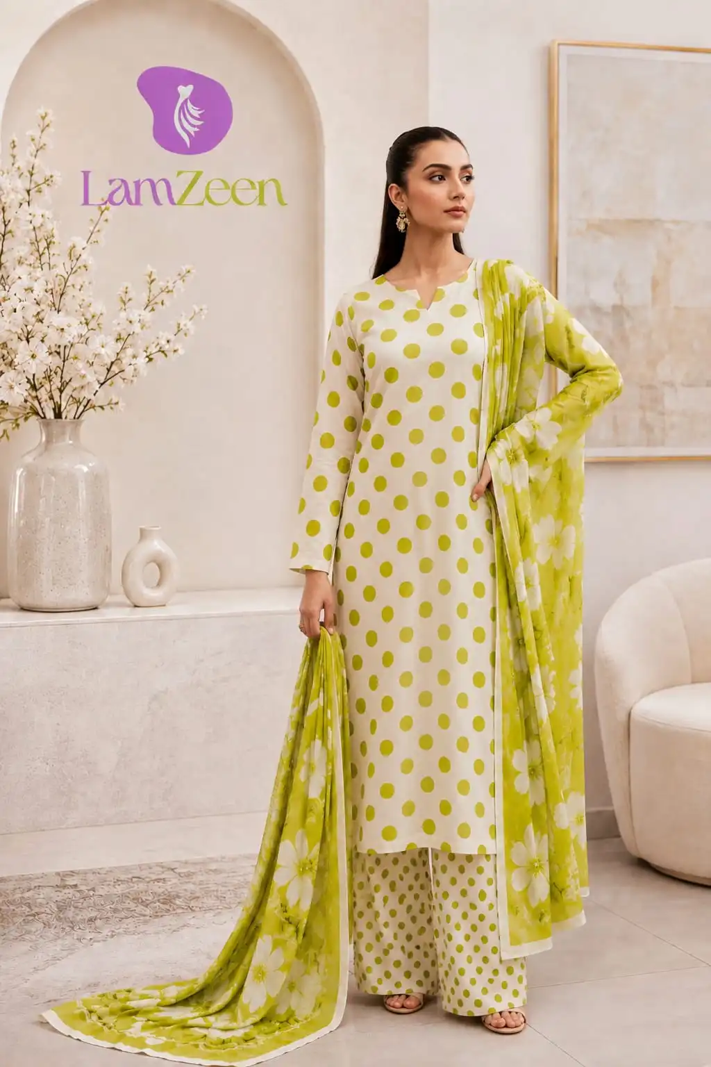 White Lime Green Polka Dot Lawn 3 Piece Suit | LamZeen