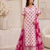 LamZeen White Pink Polka Dot Digital Printed Lawn 3 Piece Unstitched Suit with Floral Digital Printed Voile Dupatta