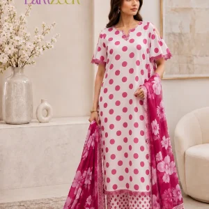 LamZeen White Pink Polka Dot Digital Printed Lawn 3 Piece Unstitched Suit with Floral Digital Printed Voile Dupatta