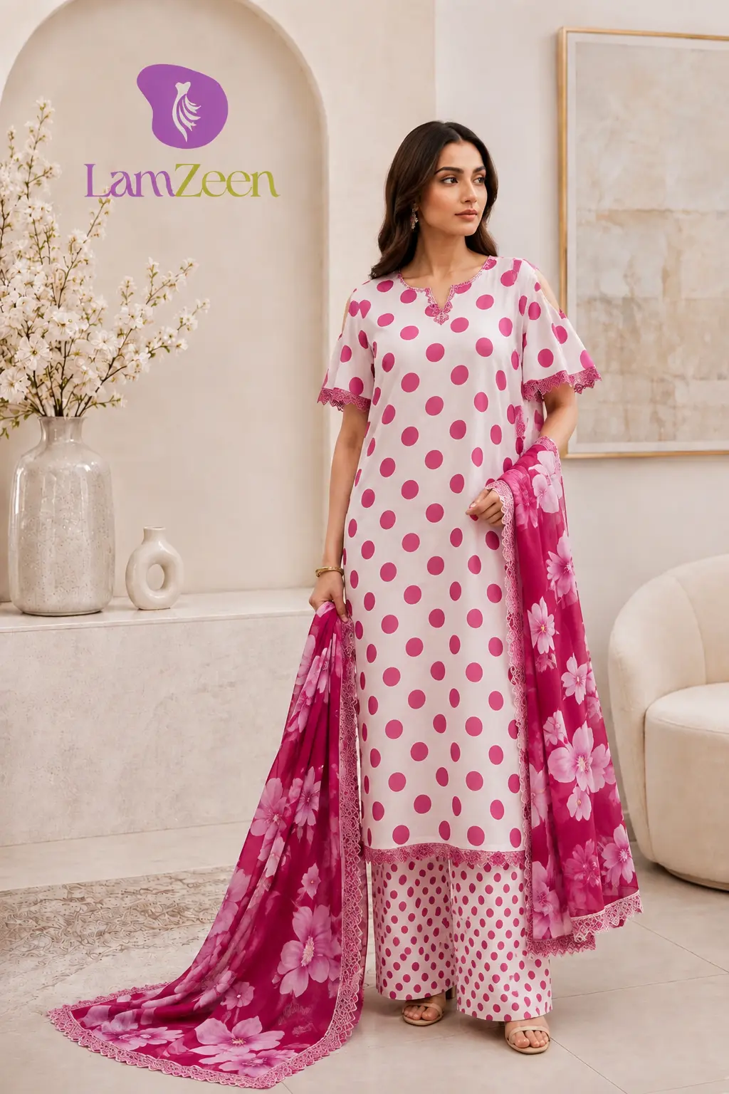 LamZeen White Pink Polka Dot Digital Printed Lawn 3 Piece Unstitched Suit with Floral Digital Printed Voile Dupatta