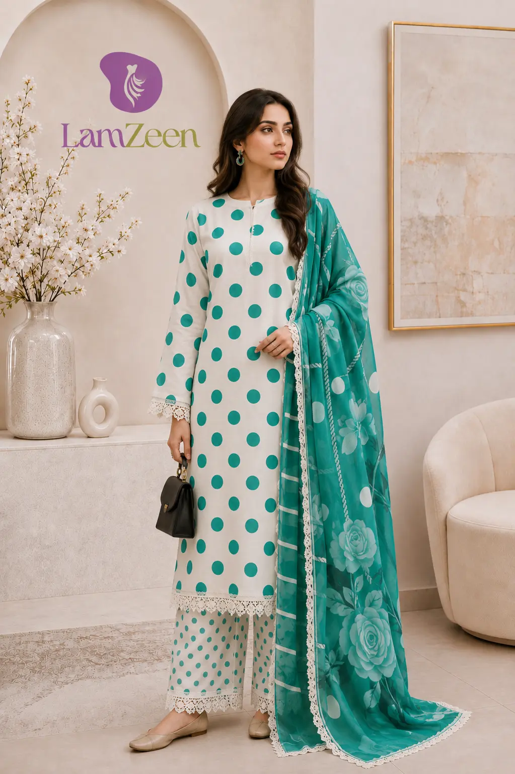 White Teal Polka Dot Lawn 3 Piece Suit | LamZeen