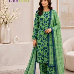 Lime Green Floral Doria Lawn 3 Piece Unstitched Suit with Lawn Dupatta | LamZeen
