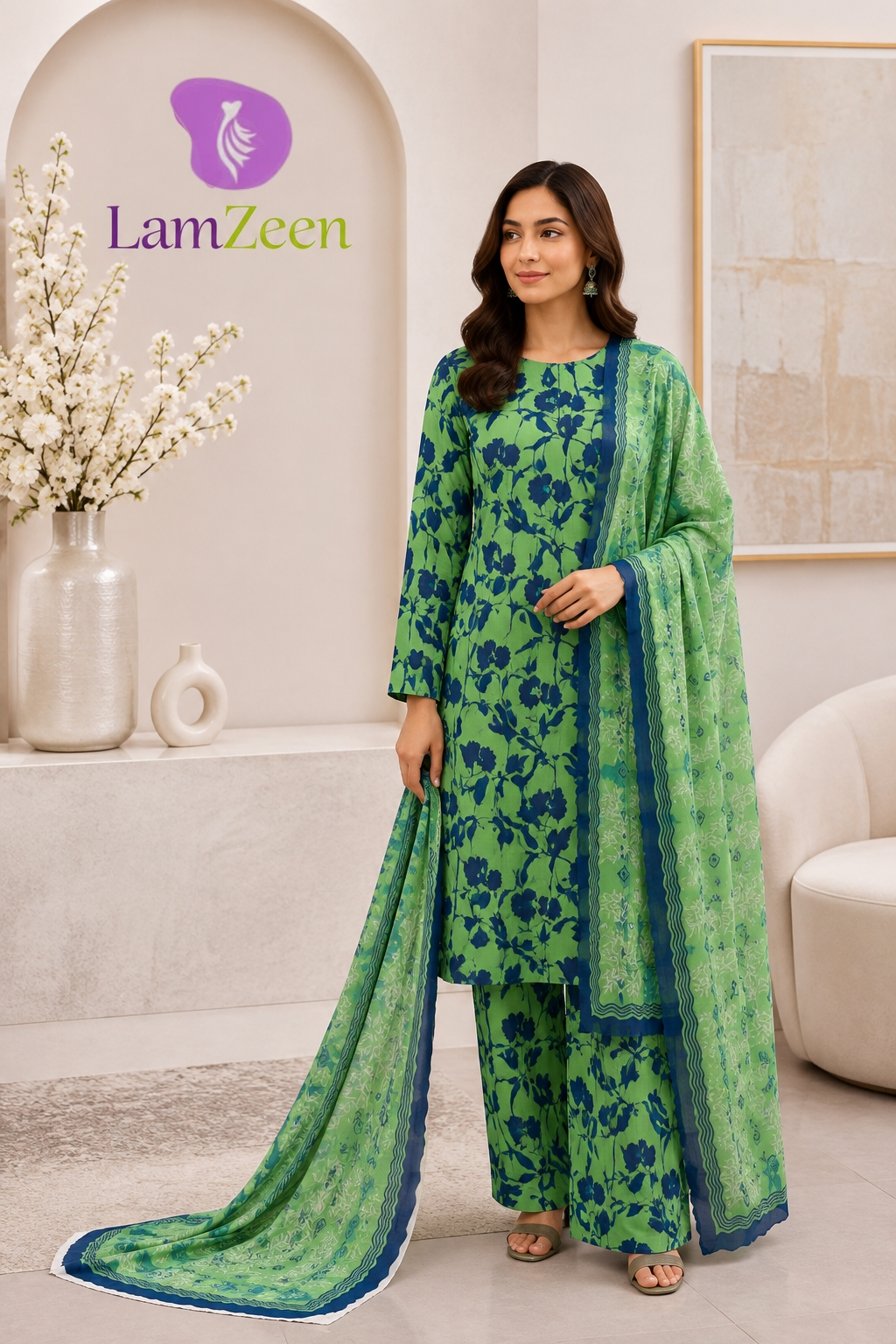 Lime Green Floral Doria Lawn 3 Piece Unstitched Suit with Lawn Dupatta | LamZeen