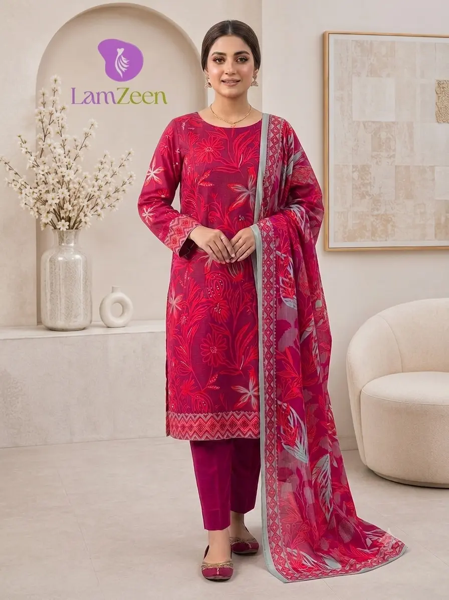 Magenta Floral Doria Lawn 3 Piece Unstitched Suit with Lawn Dupatta | LamZeen