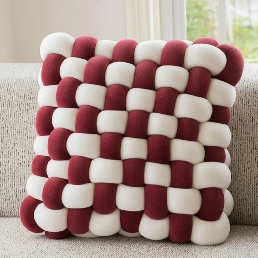 Dual tone velvet braided cushion with white contrast in navy, maroon, black, bronze, red and grey