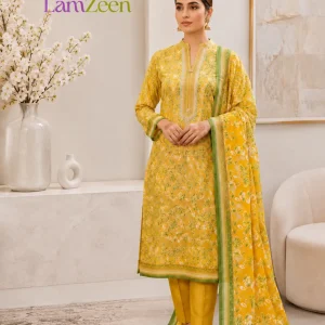 LamZeen Mustard Doria Lawn Shirt with Plain Lawn Trouser and Printed Lawn Dupatta