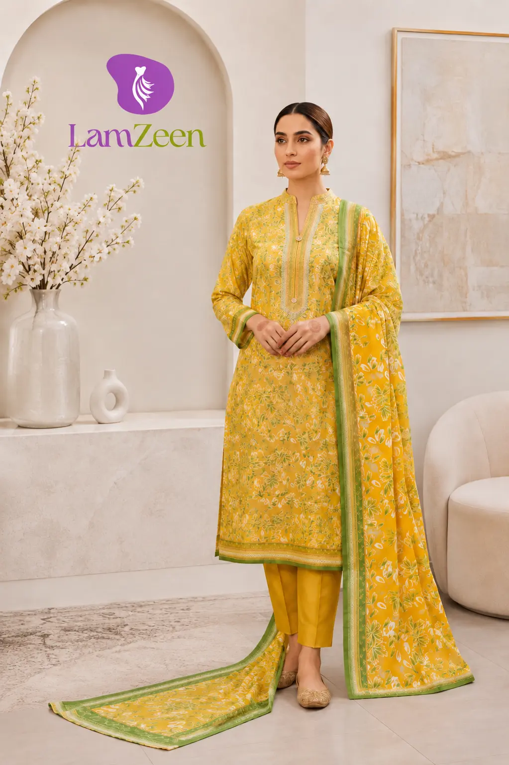 LamZeen Mustard Doria Lawn Shirt with Plain Lawn Trouser and Printed Lawn Dupatta