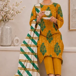 Mustard Green Block Print Lawn 3 Piece Unstitched Suit with Striped Lawn Dupatta | LamZeen