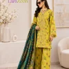Mustard and teal floral printed unstitched linen 3-piece suit with tassel-effect sleeves and contrasting teal dupatta