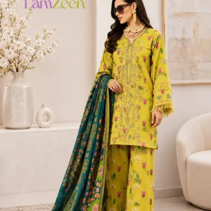 Mustard and teal floral printed unstitched linen 3-piece suit with tassel-effect sleeves and contrasting teal dupatta