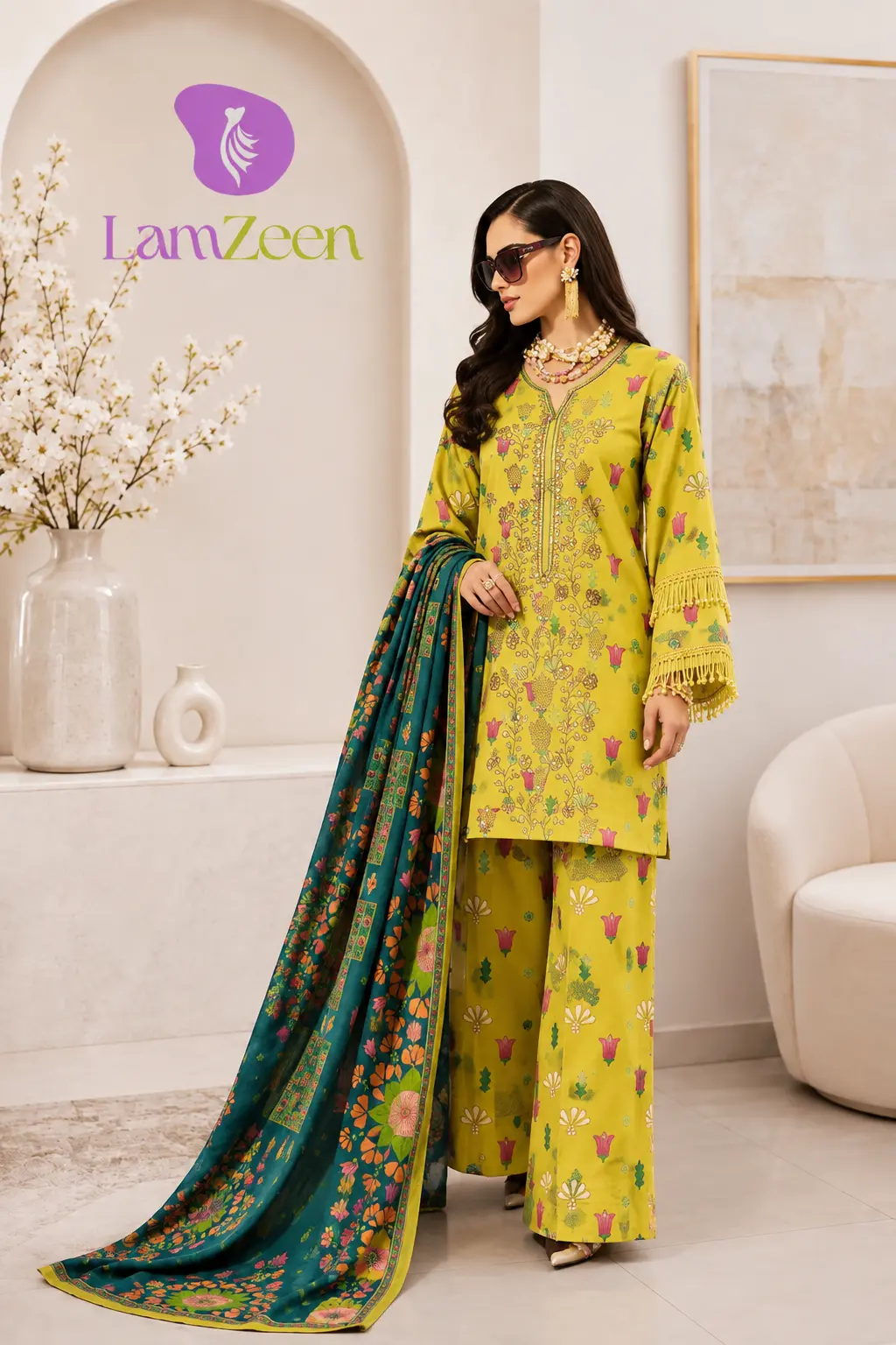 Mustard and teal floral printed unstitched linen 3-piece suit with tassel-effect sleeves and contrasting teal dupatta