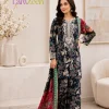 Navy blue printed embroidered linen unstitched 3-piece suit with contrasting maroon dupatta for women
