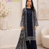 Navy blue zebra print embroidered linen unstitched 3-piece suit with floral printed dupatta for women